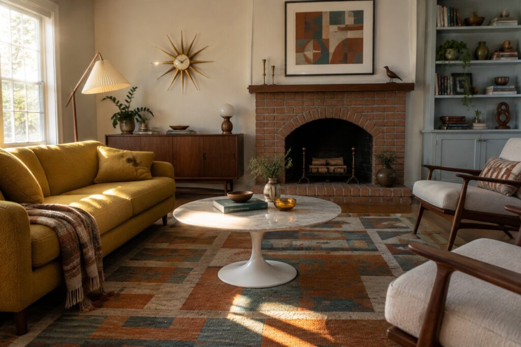 A mid-century living room with a rust and blue-green geometric rug, mustard sofa, wood chairs, and brick fireplace.