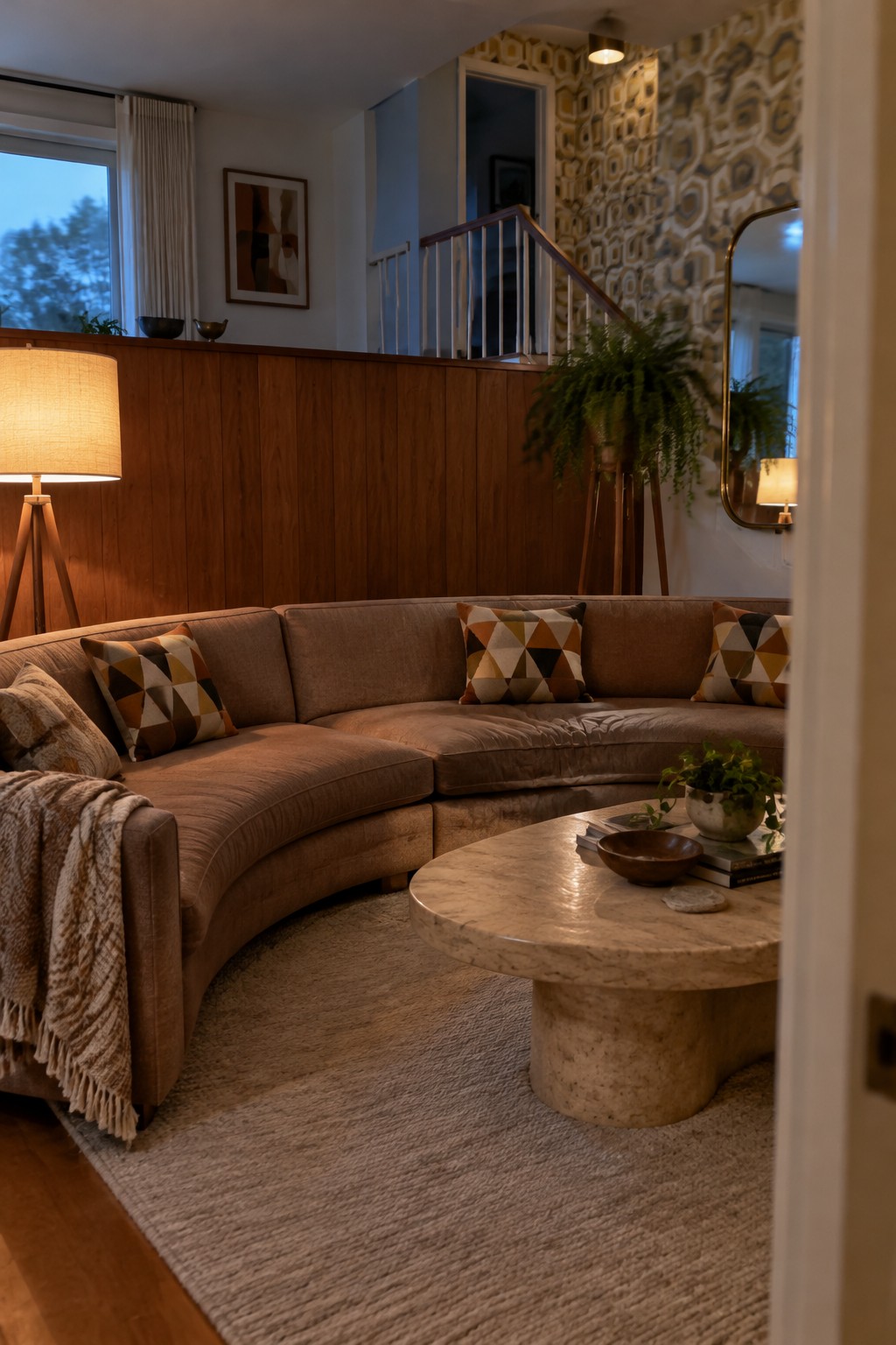A curved brown sofa with geometric throw pillows sits beside a round stone coffee table in a living room.