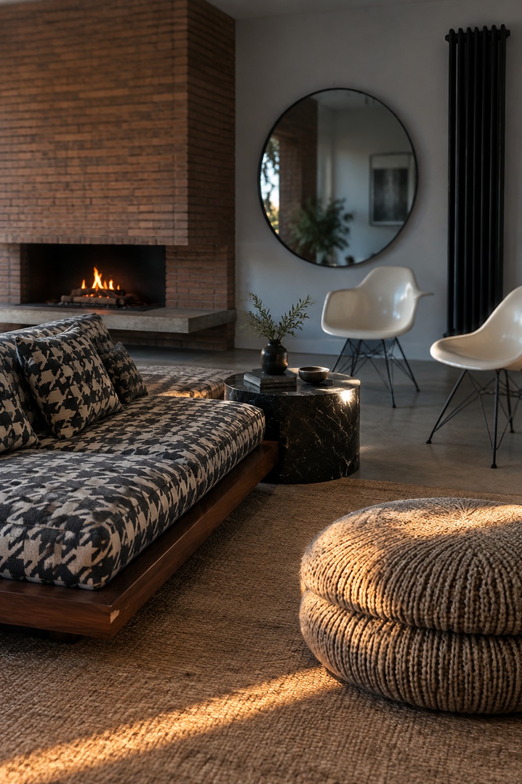 A low wood-framed sofa with black, gray, and cream geometric upholstery sits beside a round black marble table in a living room.