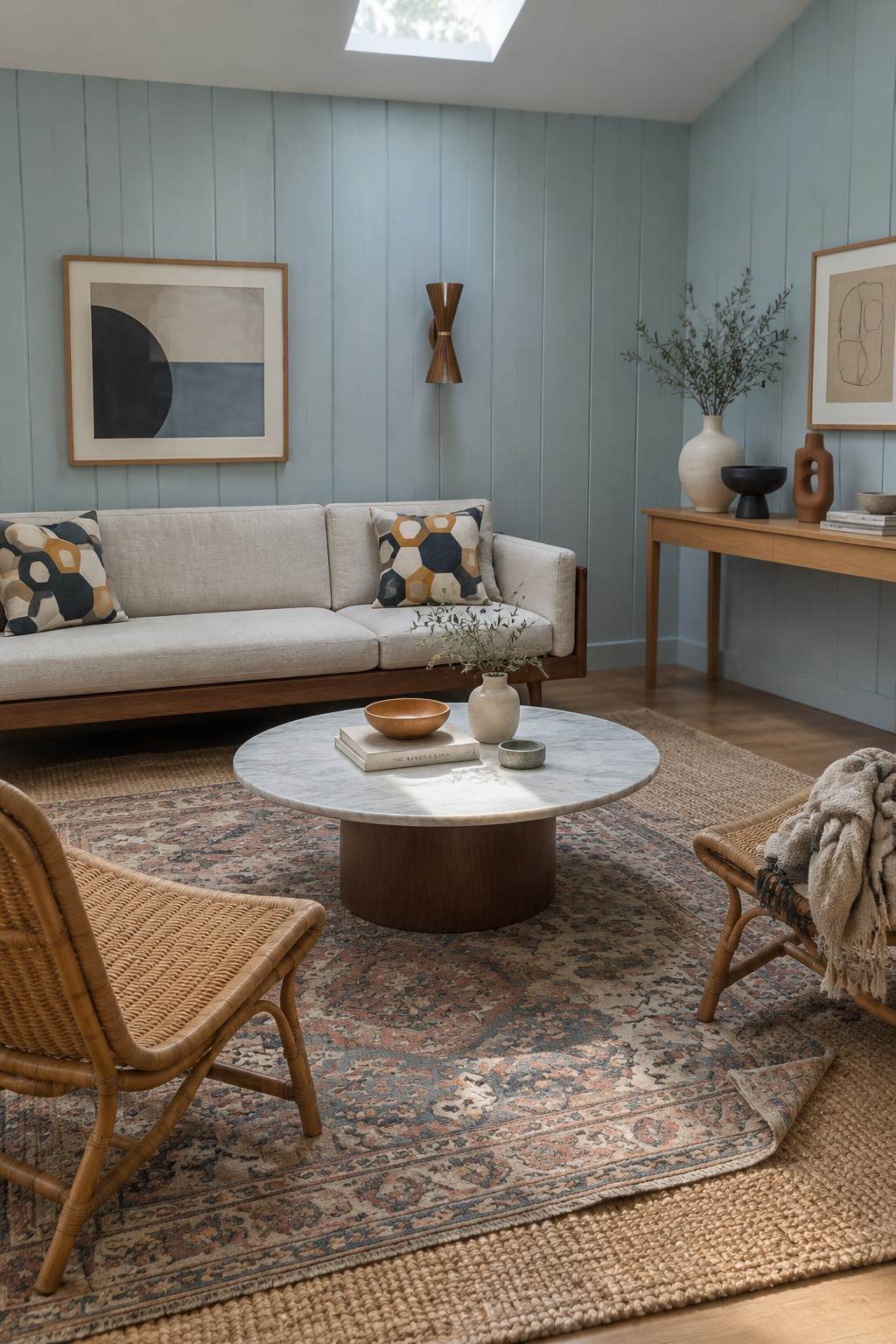 A mid-century living room with a beige sofa, geometric pillows, and a muted patterned rug beneath a round marble coffee table.