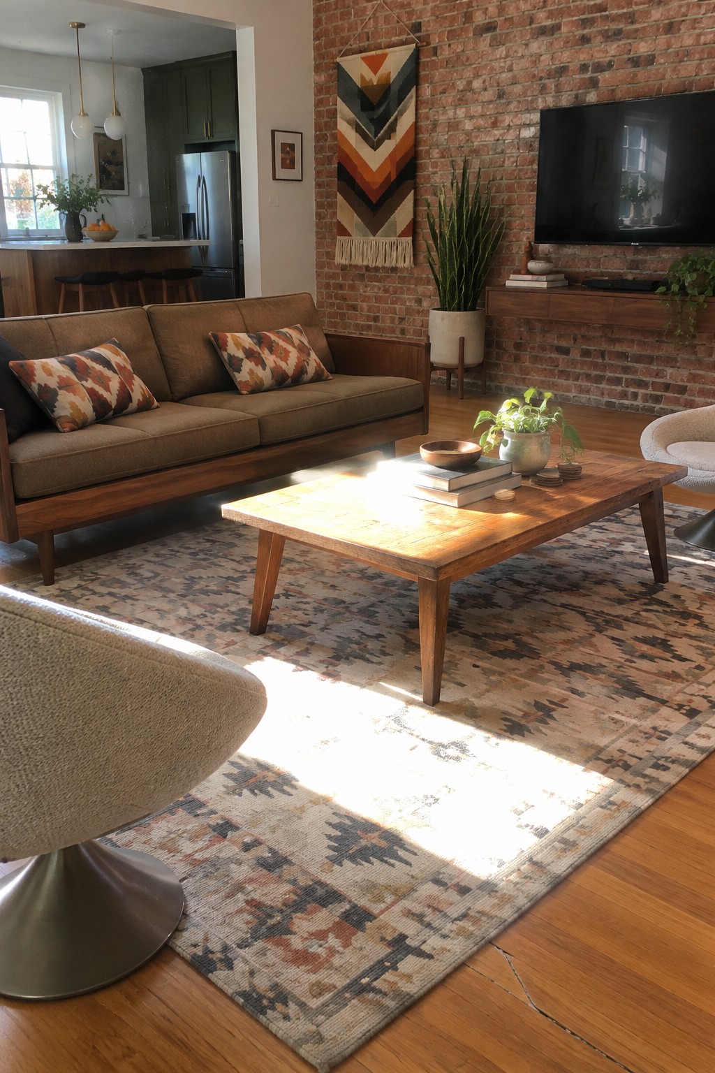 A living room with a muted geometric rug beneath a wooden coffee table and brown sofa with patterned cushions.