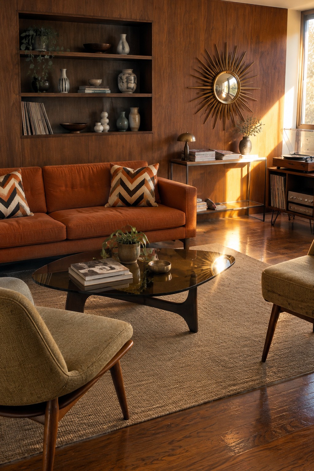 A rust-colored sofa with geometric cushions sits in a living room with wood-paneled walls and a round glass coffee table.