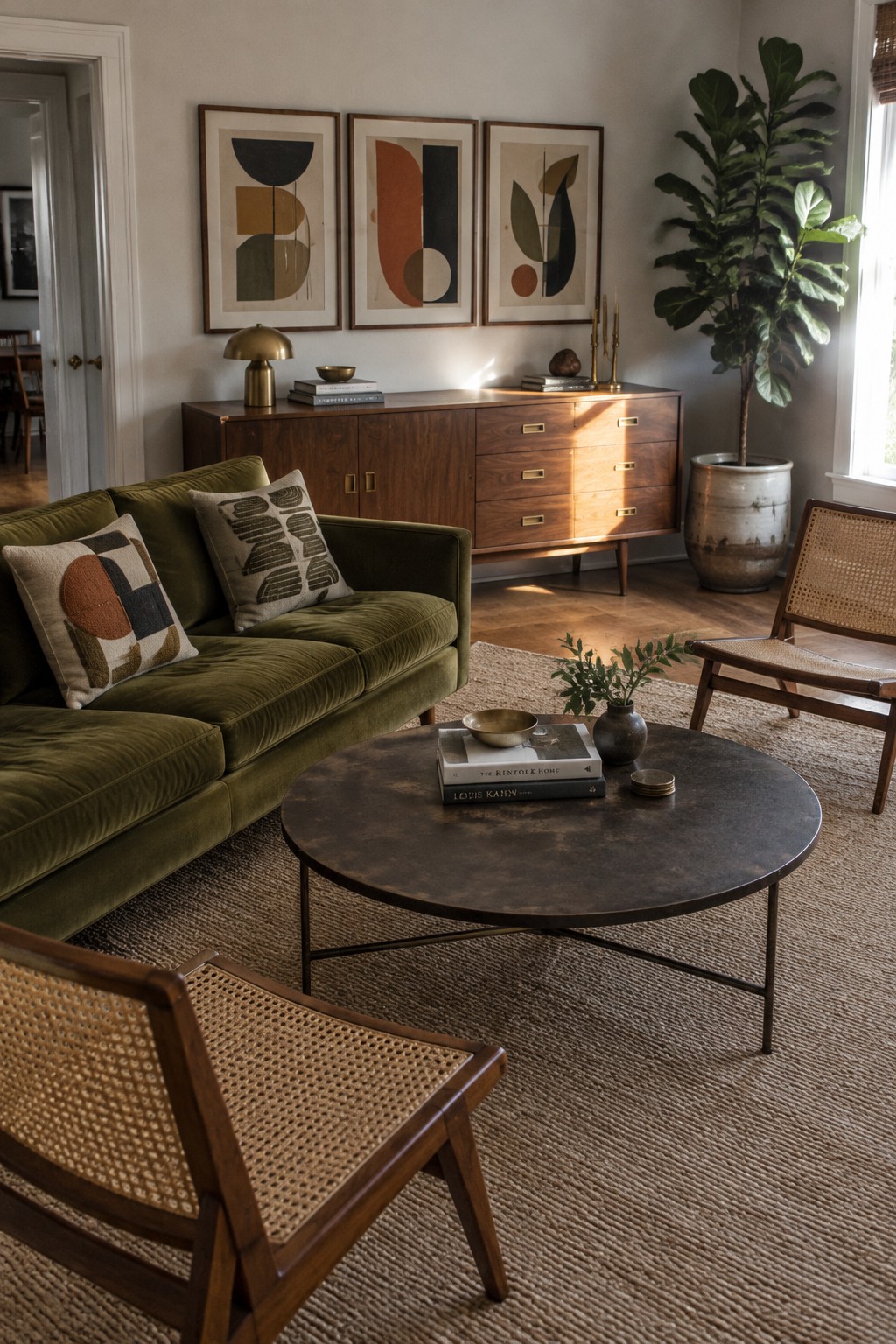 A solid olive sofa with two geometric-patterned cushions sits beside a round coffee table and cane chairs.