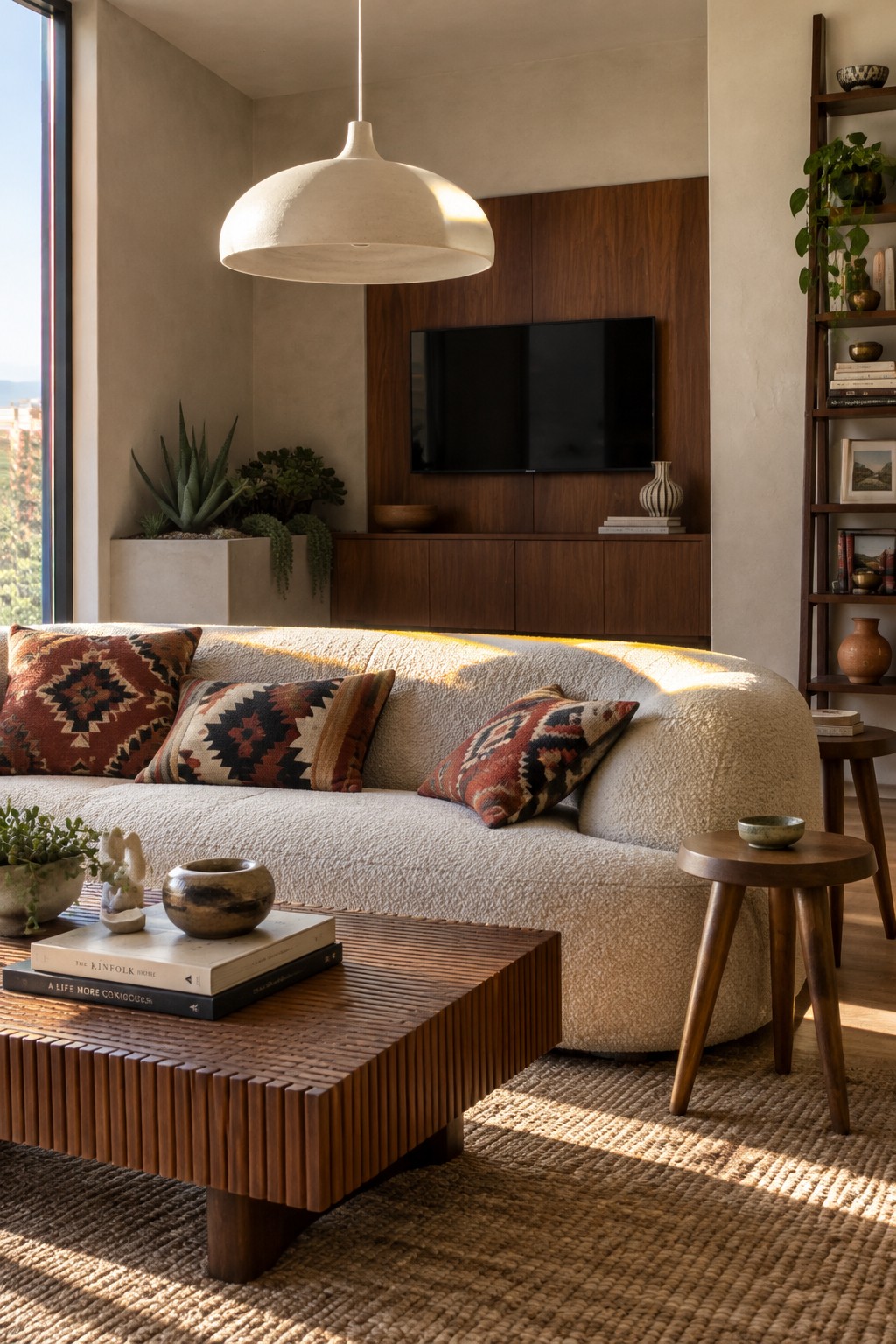 A cream curved sofa with three geometric-patterned pillows sits in a living room with a wooden coffee table and TV cabinet.