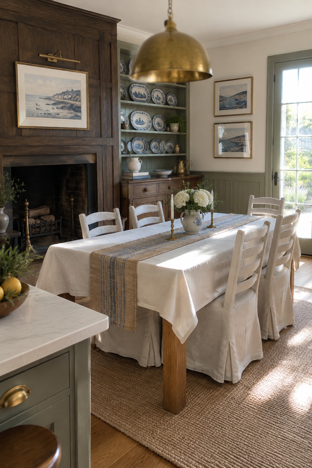 A traditional dining room with dark wood paneling, painted shelves displaying blue-and-white dishes, and a long table with white chairs.