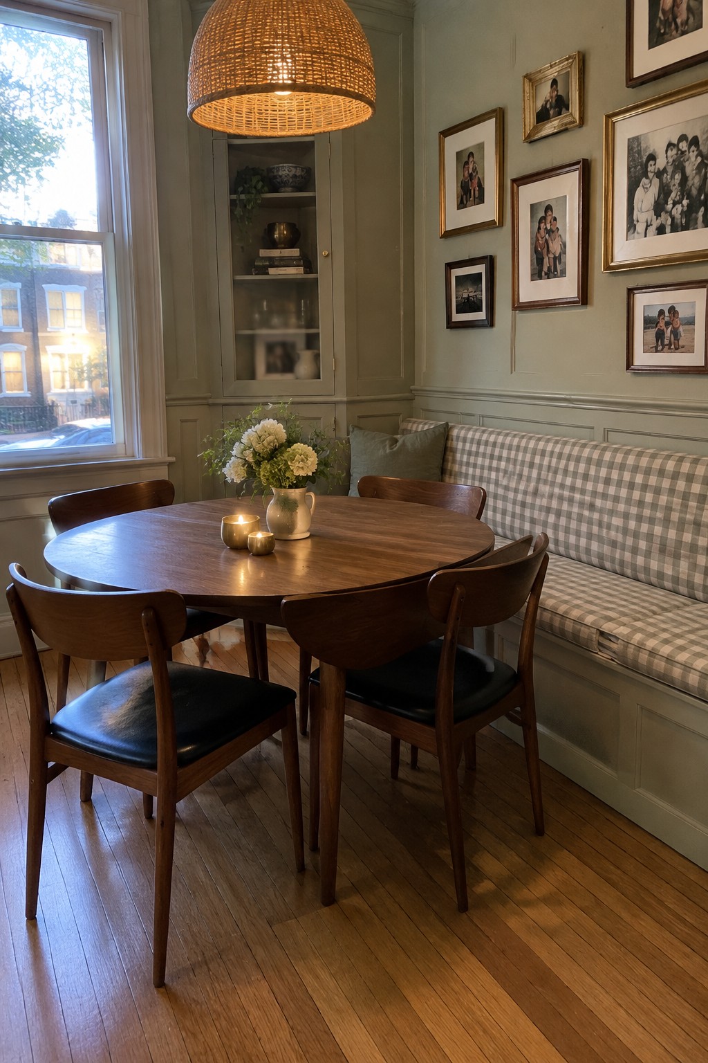 A round wooden dining table sits beside a built-in checkered bench against muted green paneled walls.