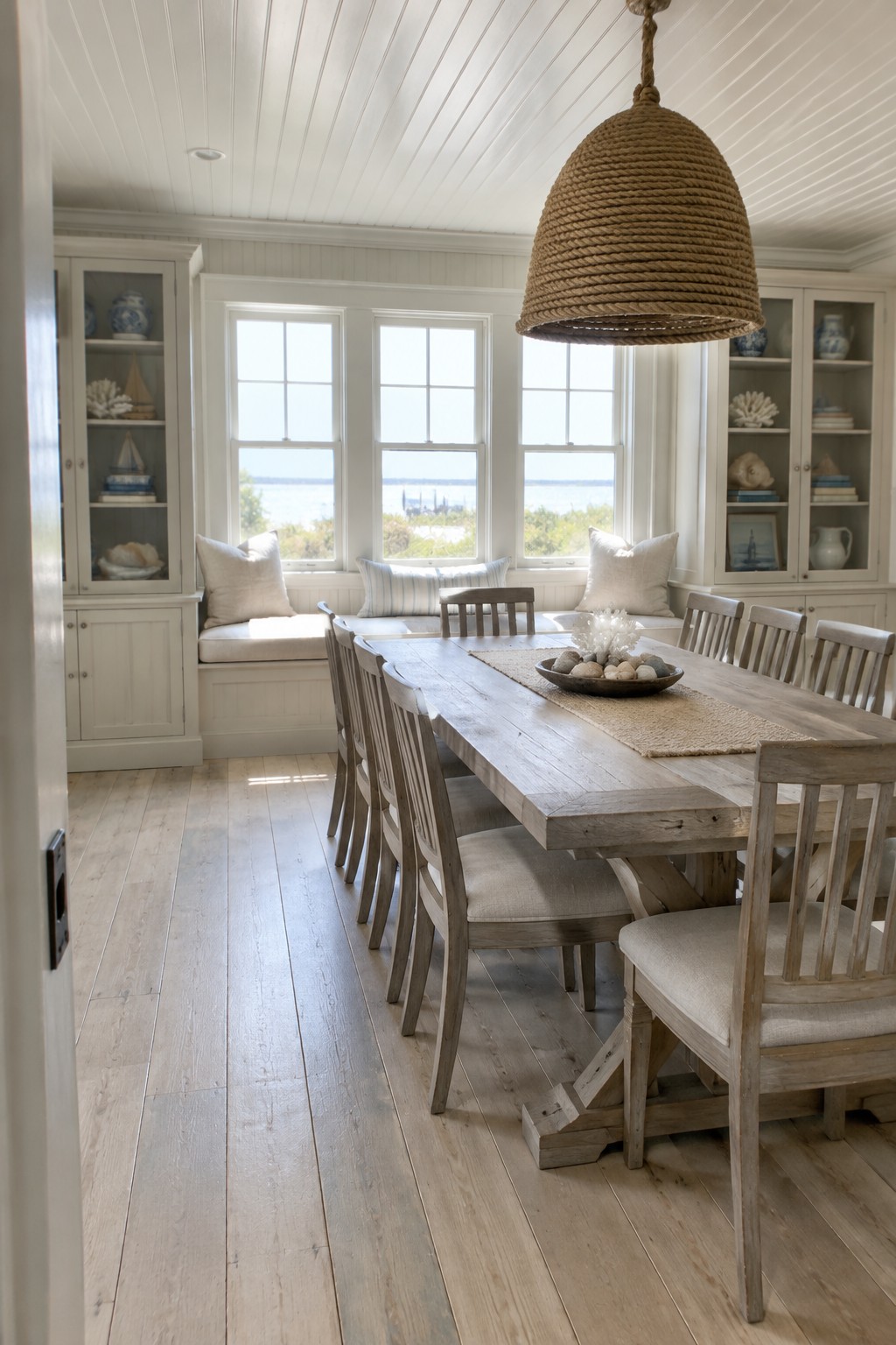 A long wooden dining table and chairs sit in front of a built-in window bench between glass-front cabinets.