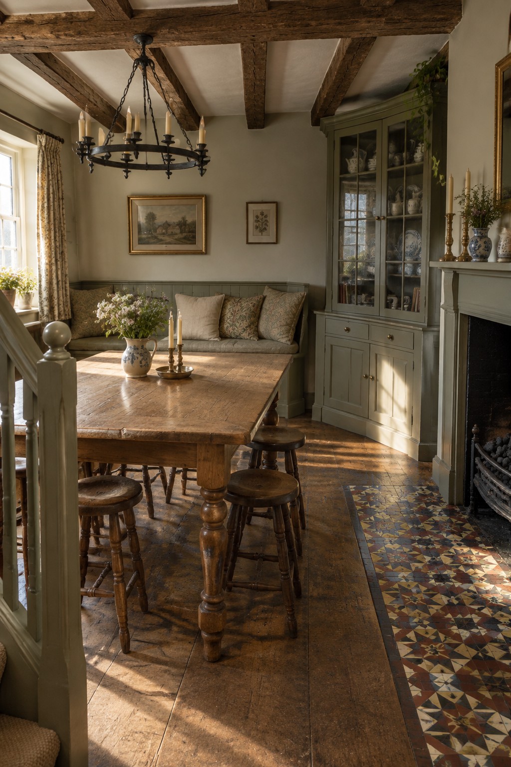A wooden dining table and stools sit beside a built-in upholstered bench against muted green paneled walls.