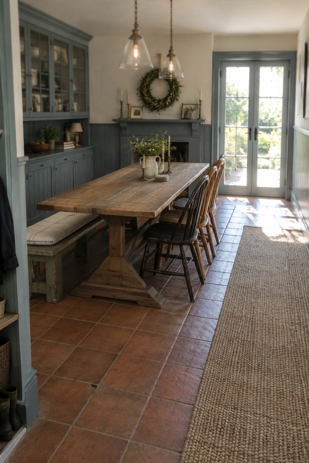A long wooden dining table and chairs sit in a room with blue-gray paneled walls, terracotta floor tiles, and glass doors.