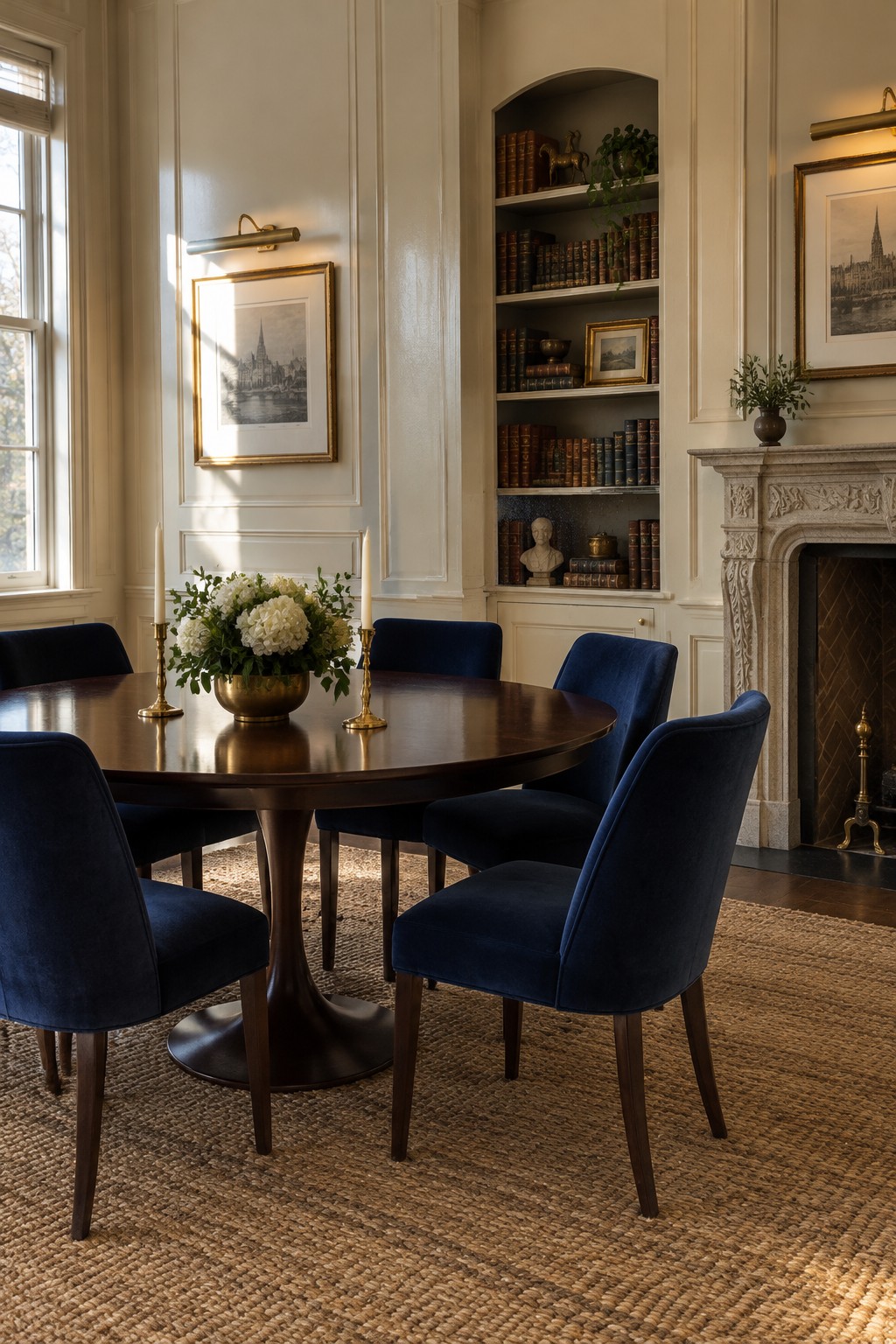 A traditional dining room with a dark oval table, navy upholstered chairs, and an arched built-in bookcase beside a carved stone fireplace.
