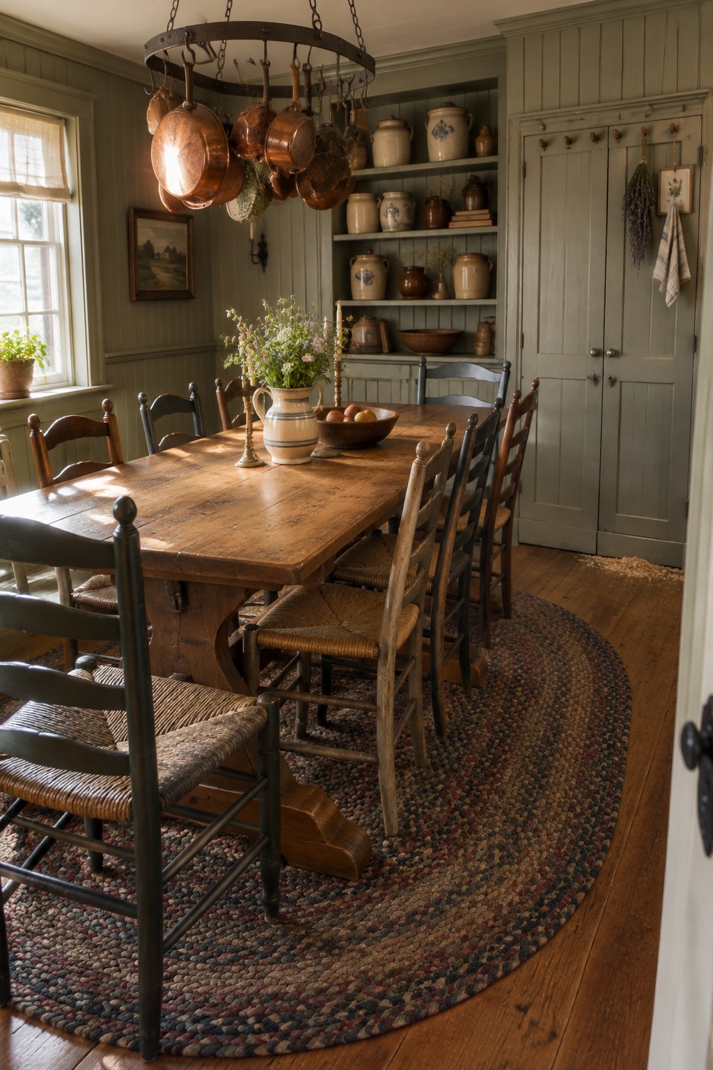 A traditional dining room with muted green paneled walls, a long wooden table, ladder-back chairs, and shelves displaying pottery.