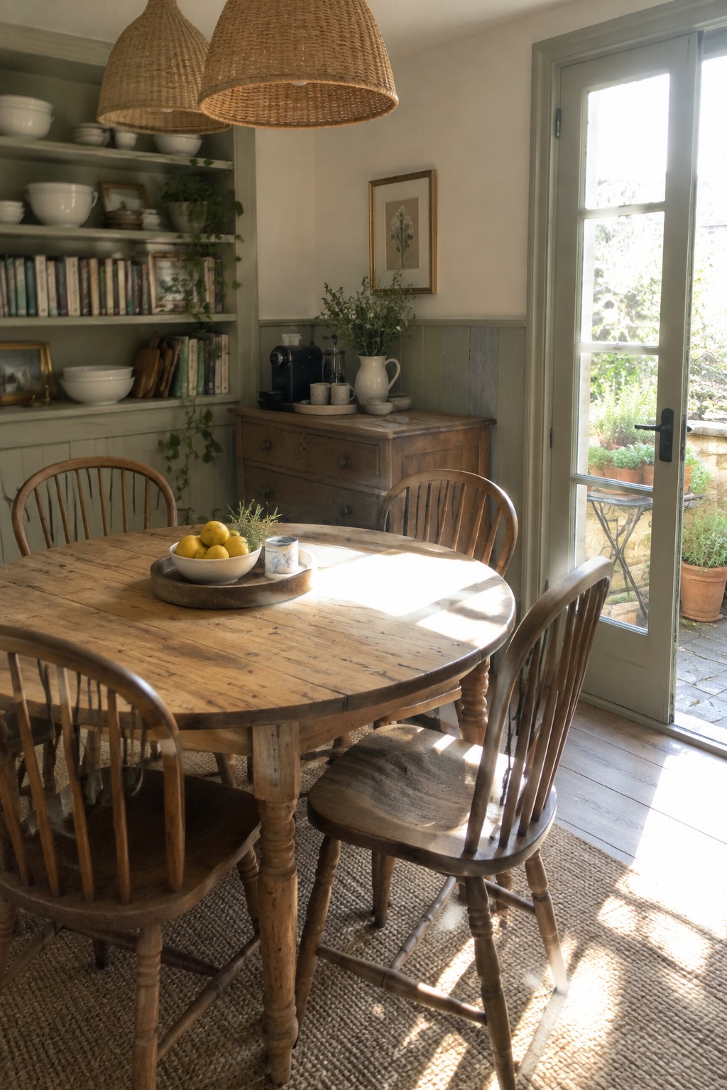 A traditional dining room with green built-in shelves, a wooden table and chairs, and a glass door opening to a garden.