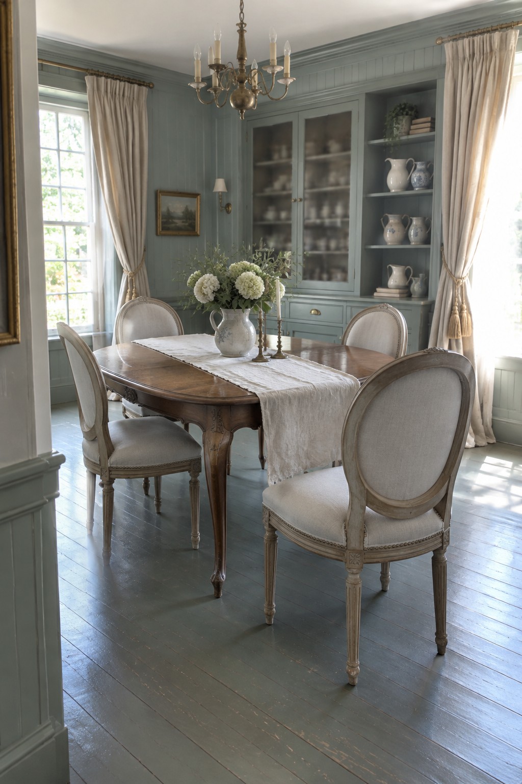 A dining room with blue-green paneled walls and built-in cabinets, a wooden table, upholstered chairs, and cream curtains.