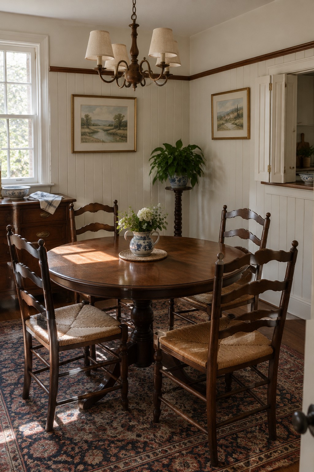 A traditional dining room with cream vertical wall paneling, dark wood trim, an oval dining table, and ladder-back chairs.