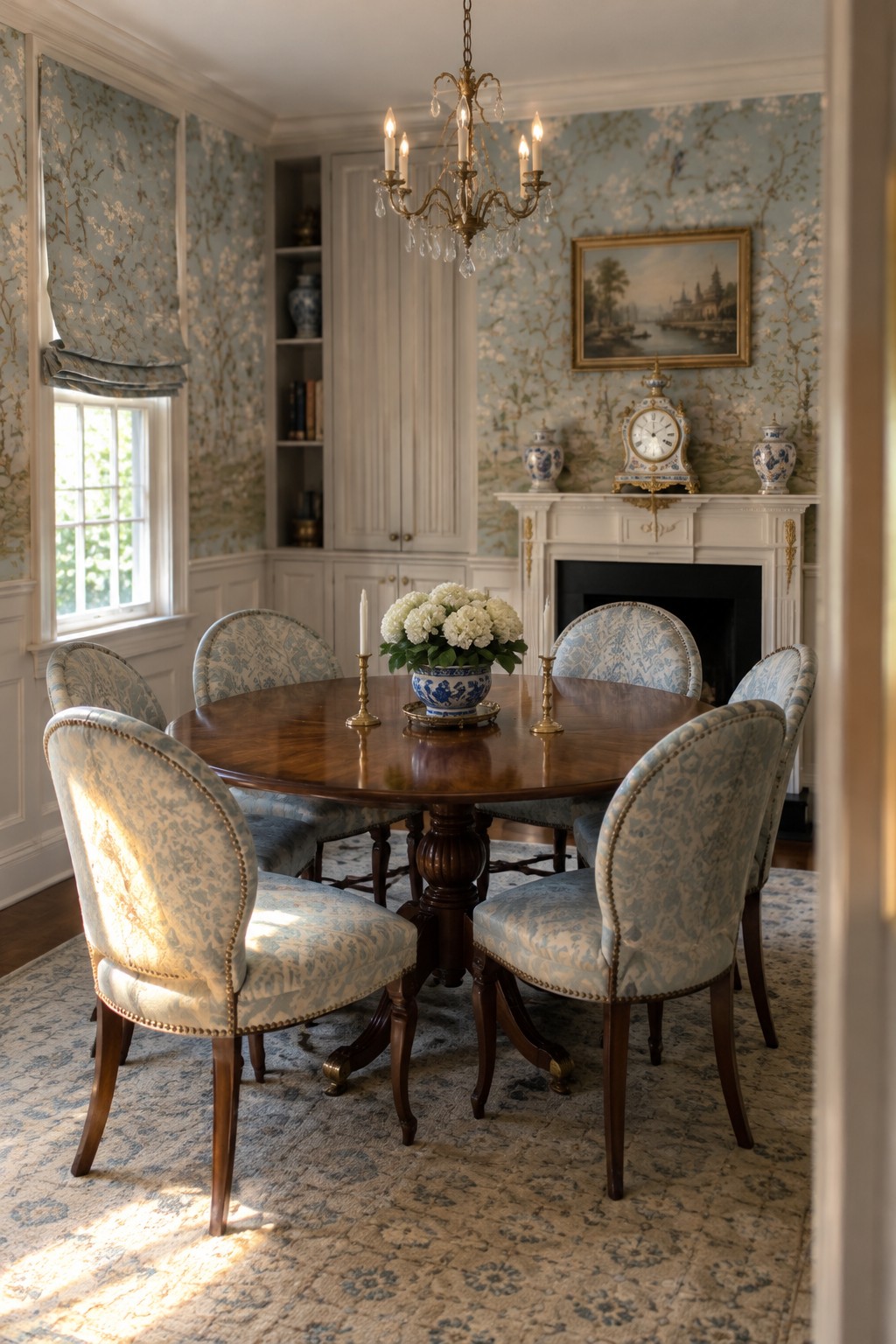 A round wooden dining table and upholstered chairs sit in a room with patterned blue walls and a white fireplace.