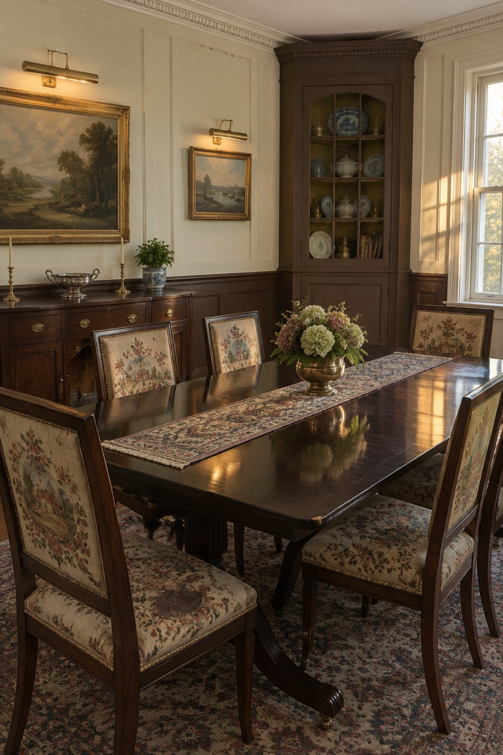 A traditional dining room with dark wood wall paneling, a long wood table, and floral upholstered chairs.