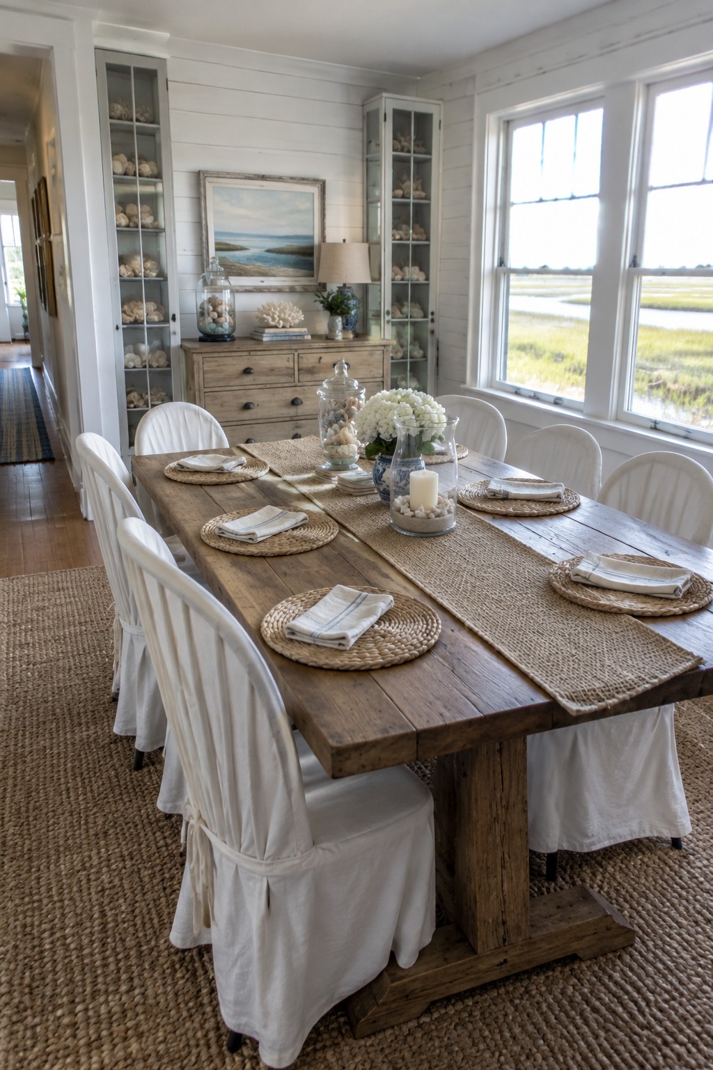 A rustic wood dining table with white slipcovered chairs sits in a dining room with white horizontal wall paneling and glass-front cabinets.