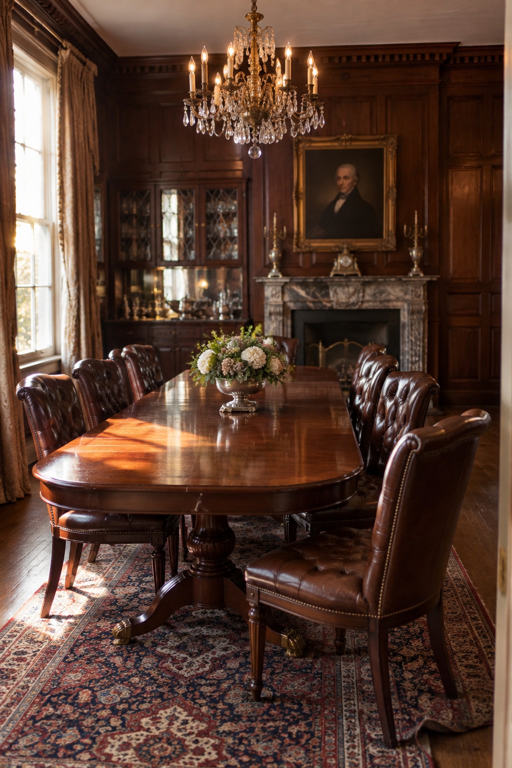 A long wooden dining table with leather chairs sits in a room with dark wood paneling, a chandelier, and a fireplace.