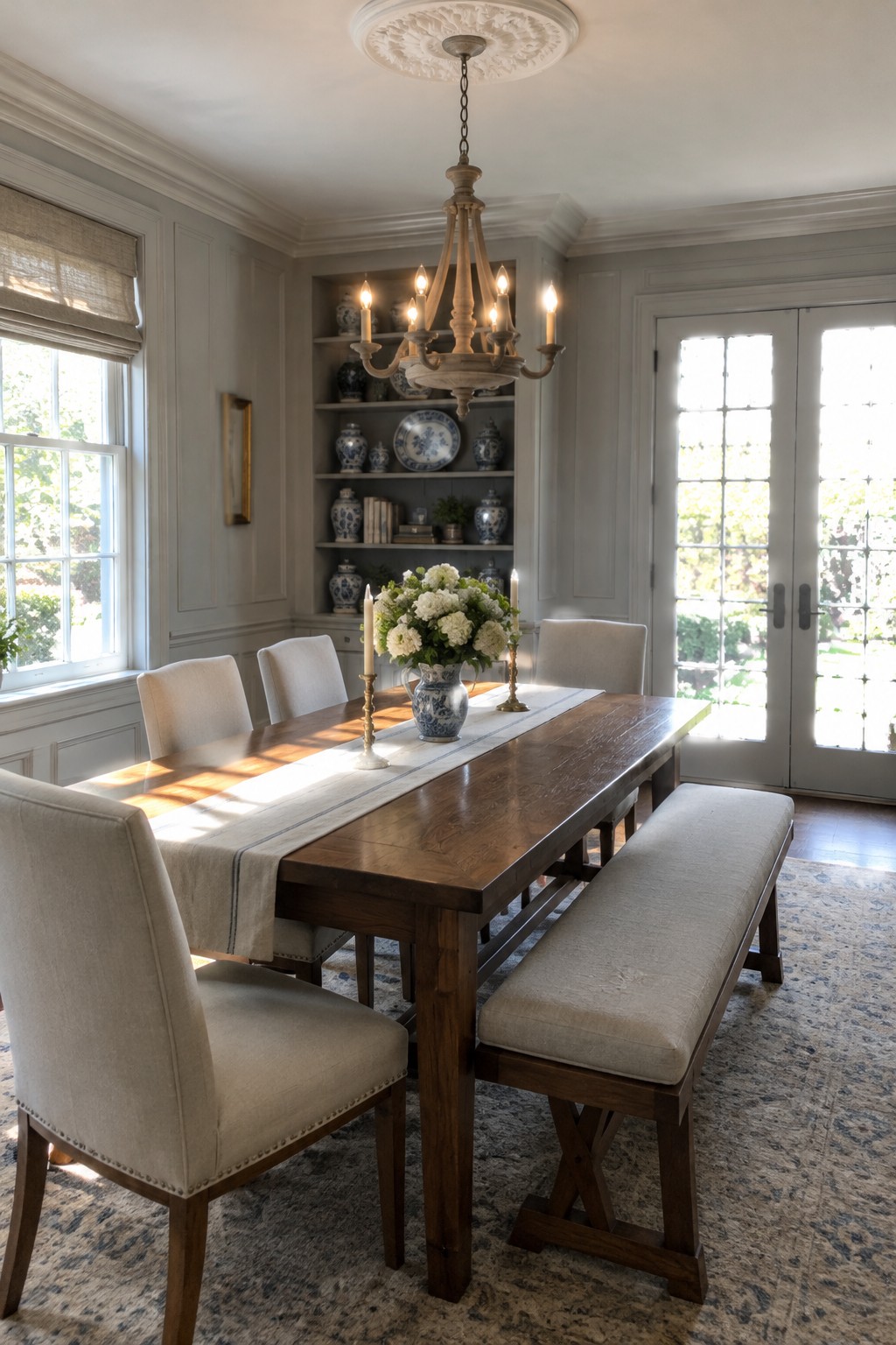 A traditional dining room with pale paneled walls, a dark wood table, upholstered chairs, and built-in shelves.