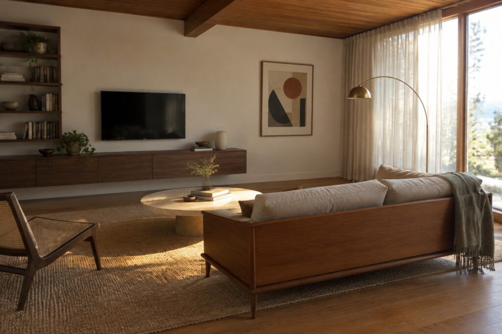 A beige sofa with wooden arms sits behind a low round coffee table in a living room with a woven rug.