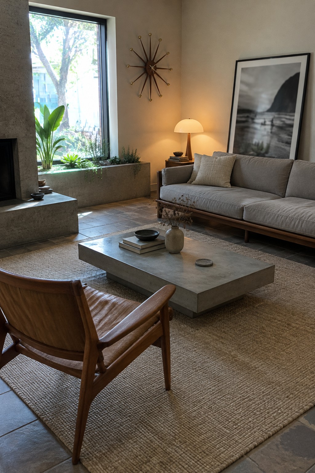 A living room with a gray sofa, wooden lounge chair, low concrete coffee table, woven rug, and large window.