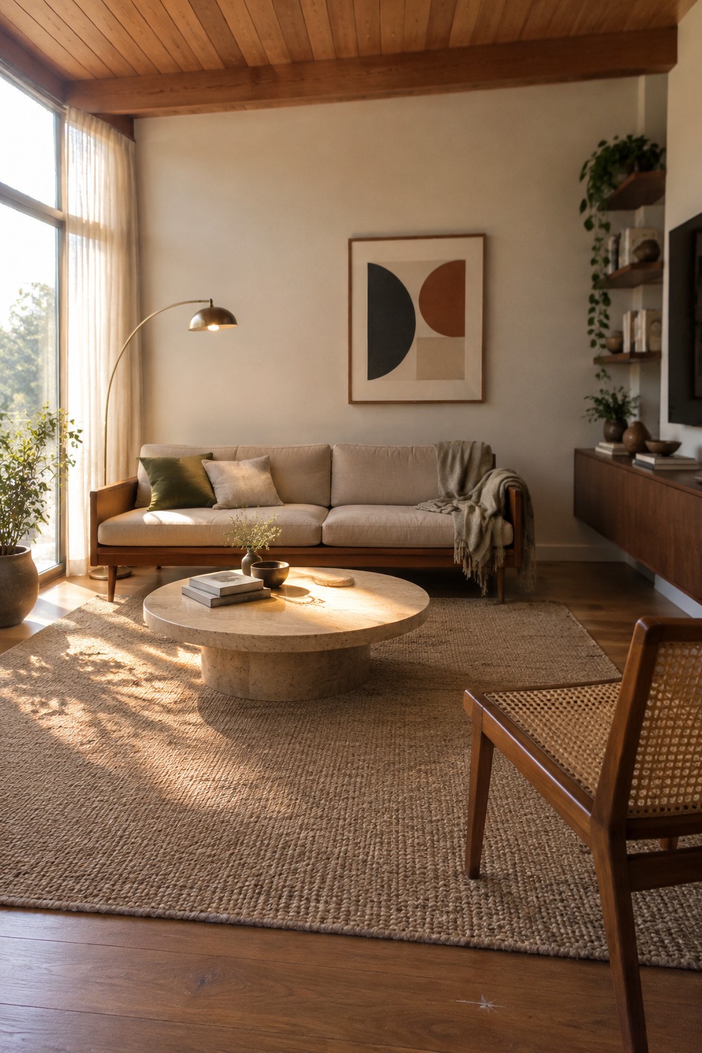 A beige sofa with wooden arms sits behind a low round coffee table in a living room with a woven rug.
