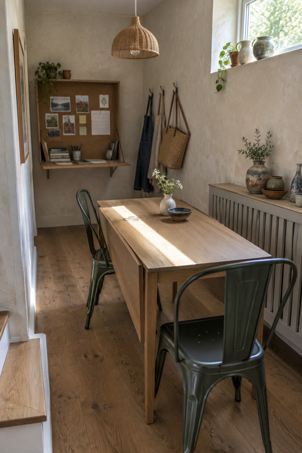 A slim wooden dining table with green metal chairs sits in a narrow room with a wall shelf and radiator cover.