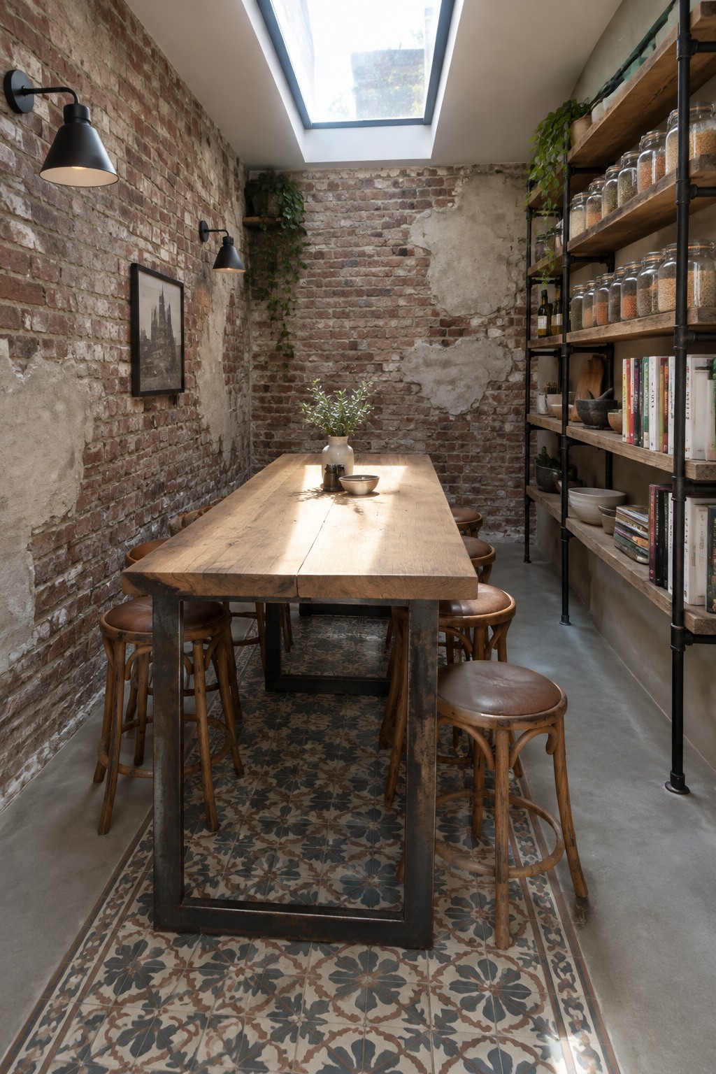 A long wooden dining table with stools sits in a narrow room with exposed brick walls and open shelving.