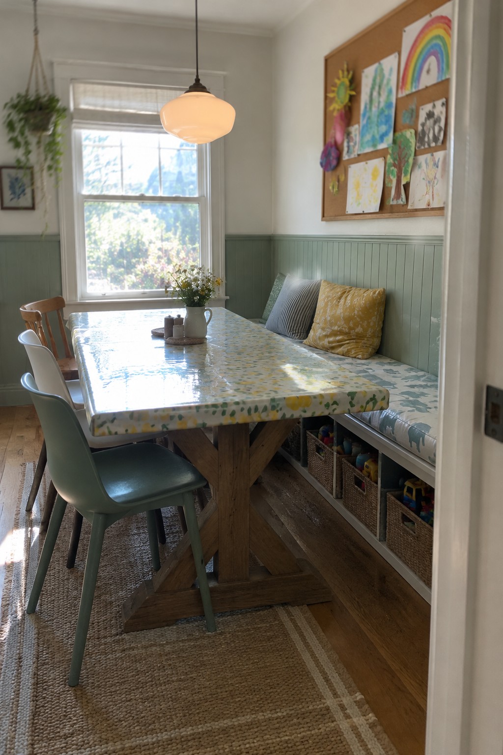 A narrow dining room with a long table, chairs, and a cushioned bench along the wall.