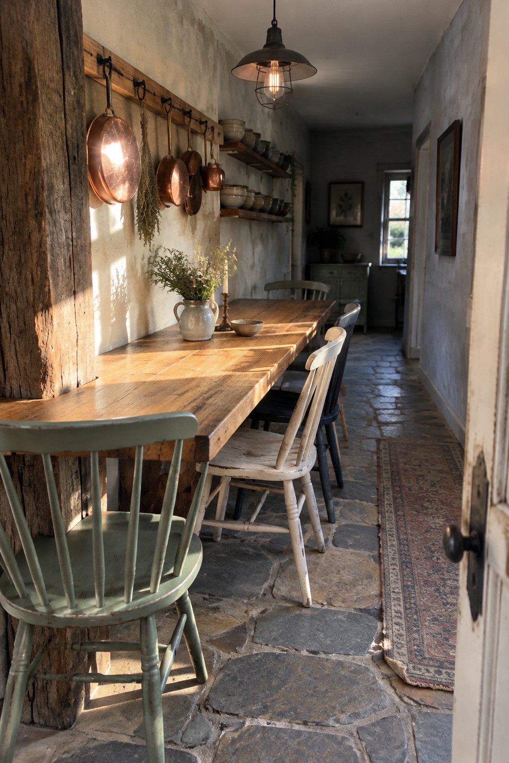 A long wooden dining table with mismatched chairs sits along the left side of a narrow room with stone flooring.