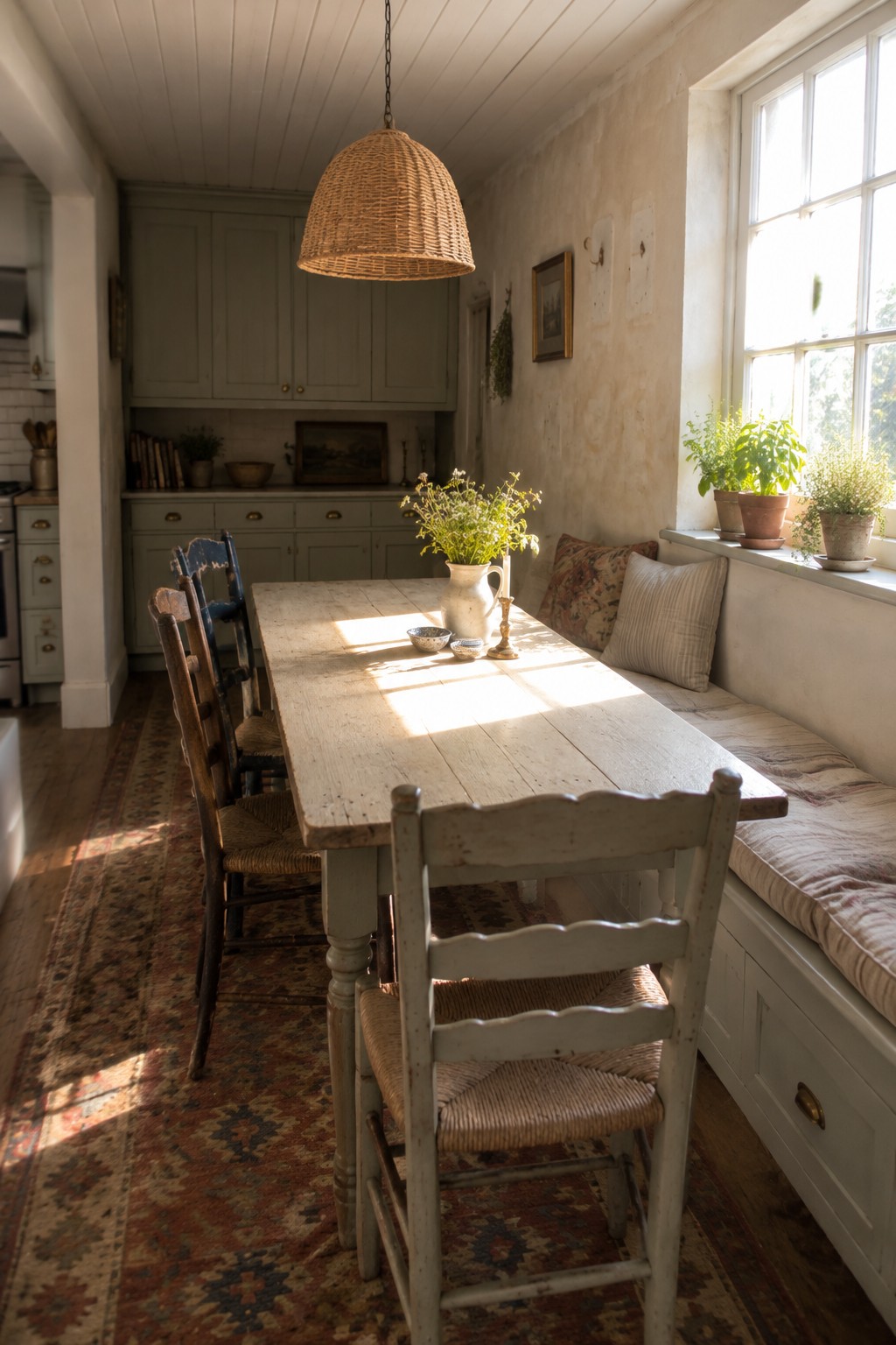 A long wooden dining table sits beside a built-in window bench with cushions in a narrow kitchen.