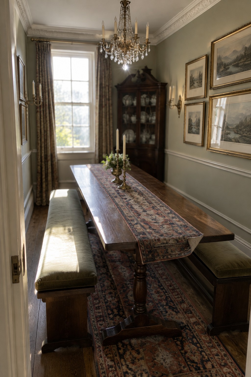 A long wooden dining table with a patterned runner sits between two upholstered benches in a narrow room.