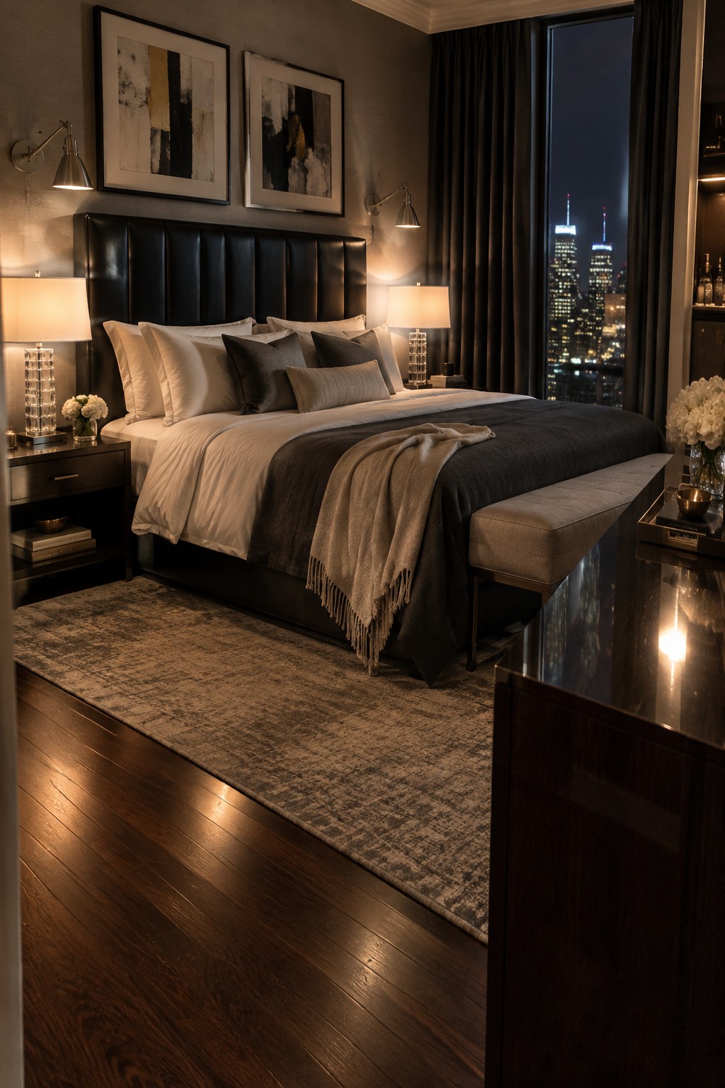A bedroom with wall sconces above a bed and illuminated lamps on both nightstands.