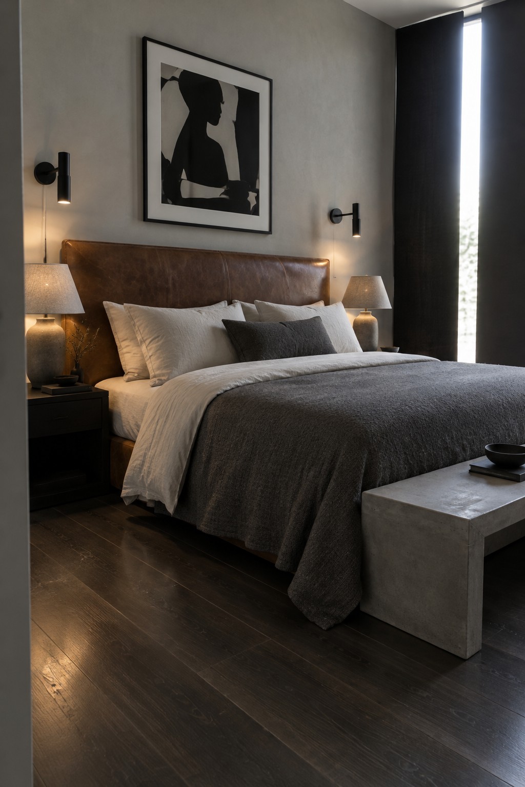 A bedroom with black wall sconces and bedside table lamps beside a bed with a brown leather headboard.