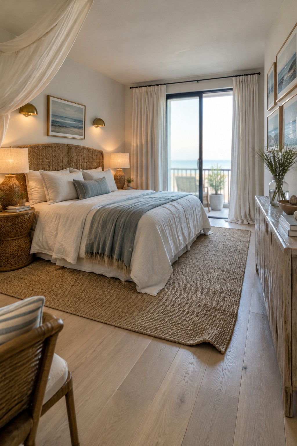 A bedroom with matching bedside table lamps, brass wall sconces, a woven headboard, and a bed facing a balcony door.