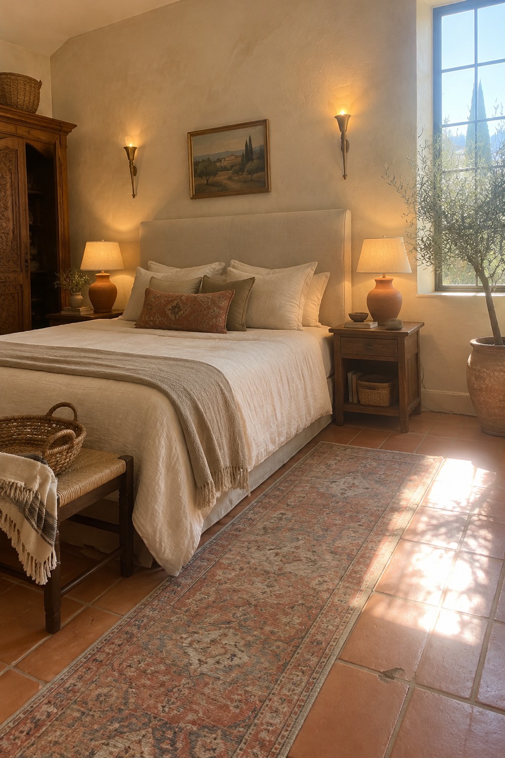 A bedroom with two wall sconces above a bed and matching table lamps on wooden nightstands.