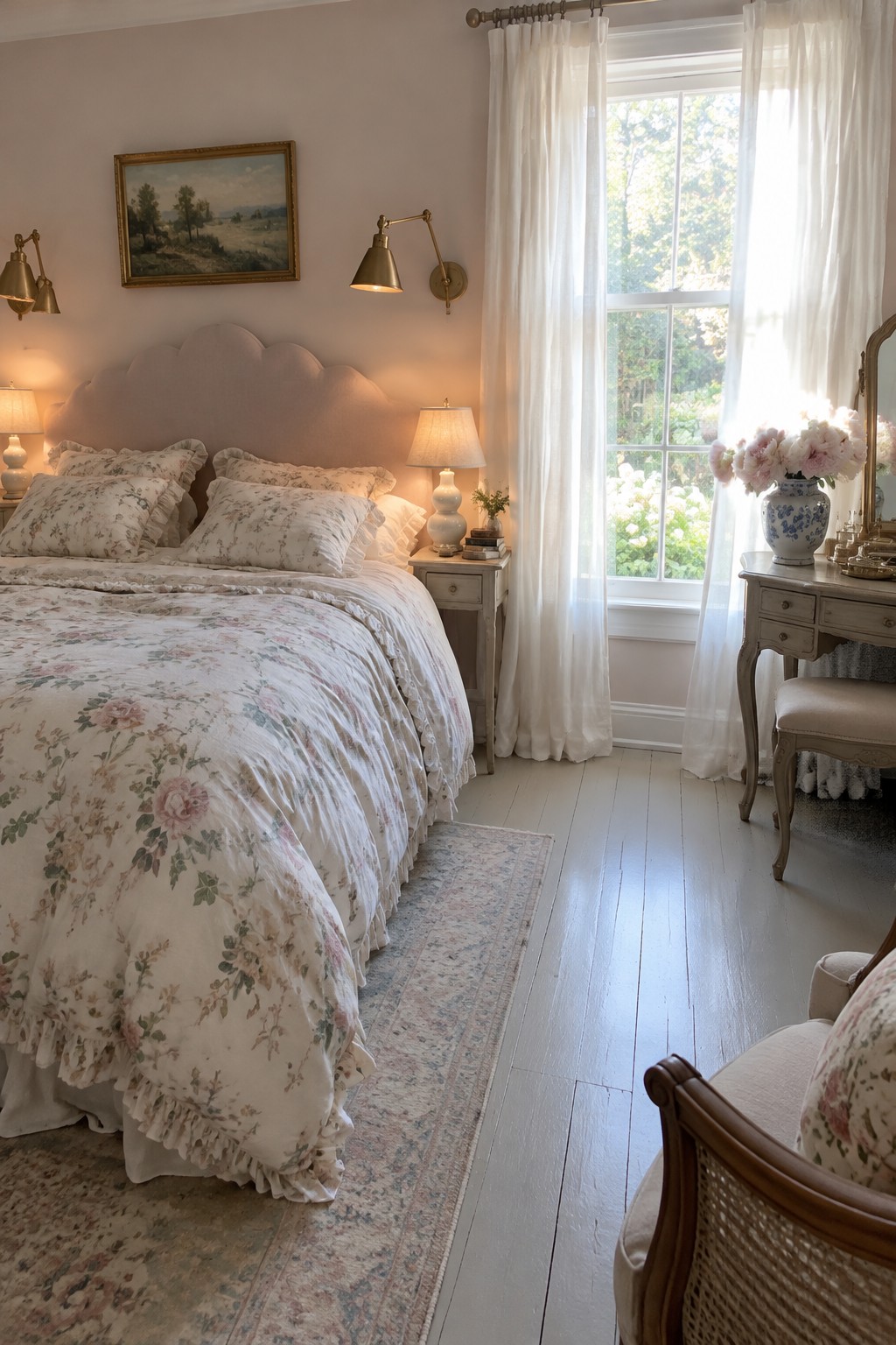 A bedroom with brass wall sconces above a floral bed and table lamps on the nightstands.