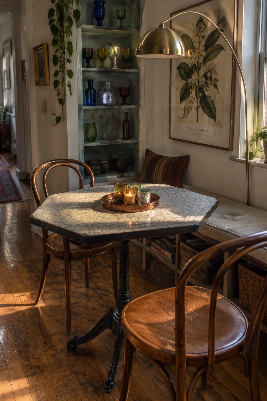 A small tiled dining table with a pedestal base sits between bentwood chairs beside a built-in shelf.