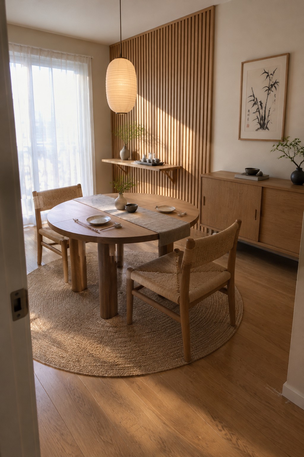 A round wooden dining table with woven chairs sits on a circular rug in a dining room.