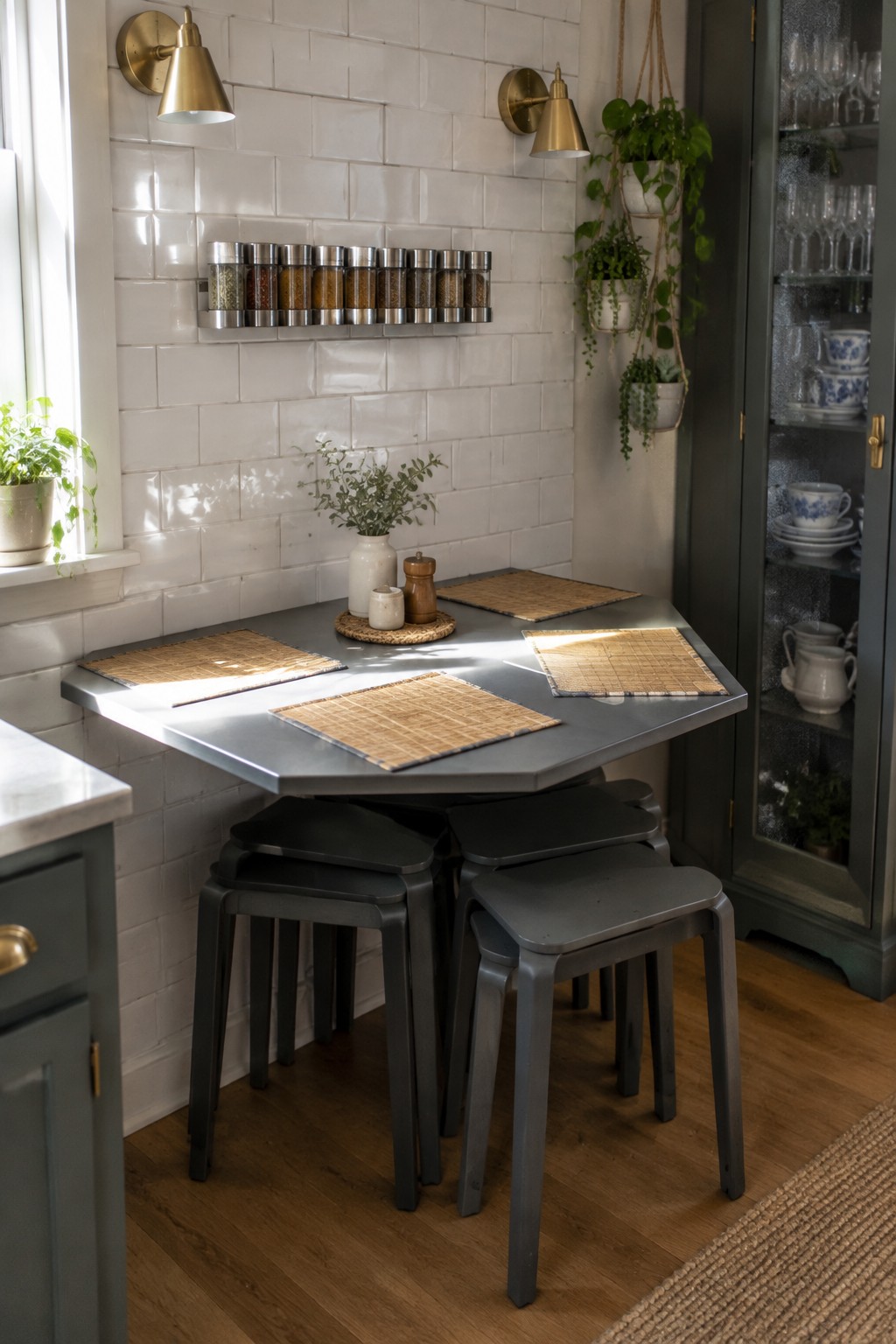 A compact kitchen dining table with three gray stools tucked beneath it and woven placemats on top.