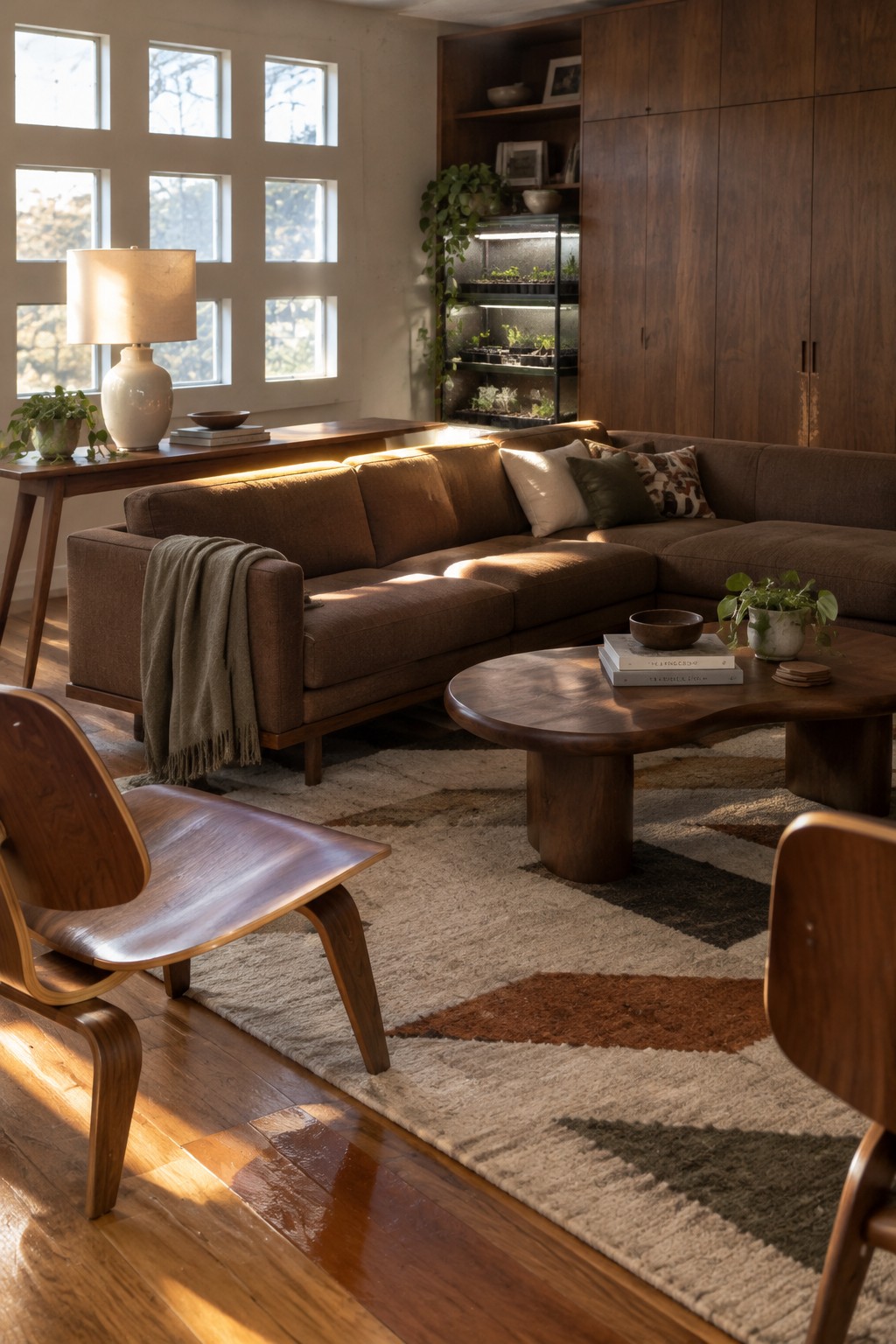 A living room with tall walnut built-in cabinets and open shelves beside a brown sectional sofa.