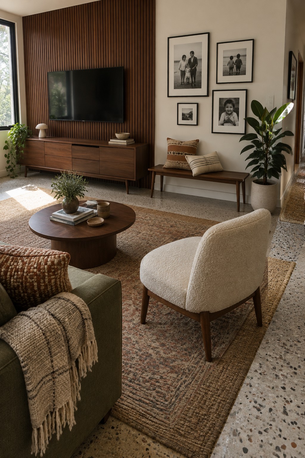 A living room with a walnut slat wall behind a television and matching media cabinet.