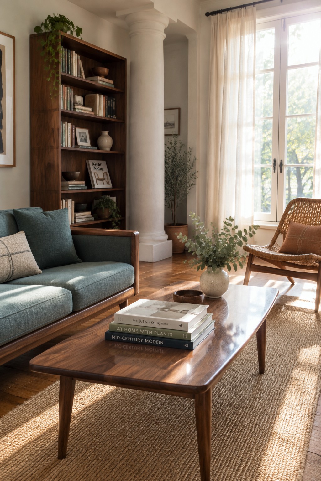 A walnut coffee table sits in front of a teal sofa in a bright living room with a bookcase, woven chair, and tall windows.