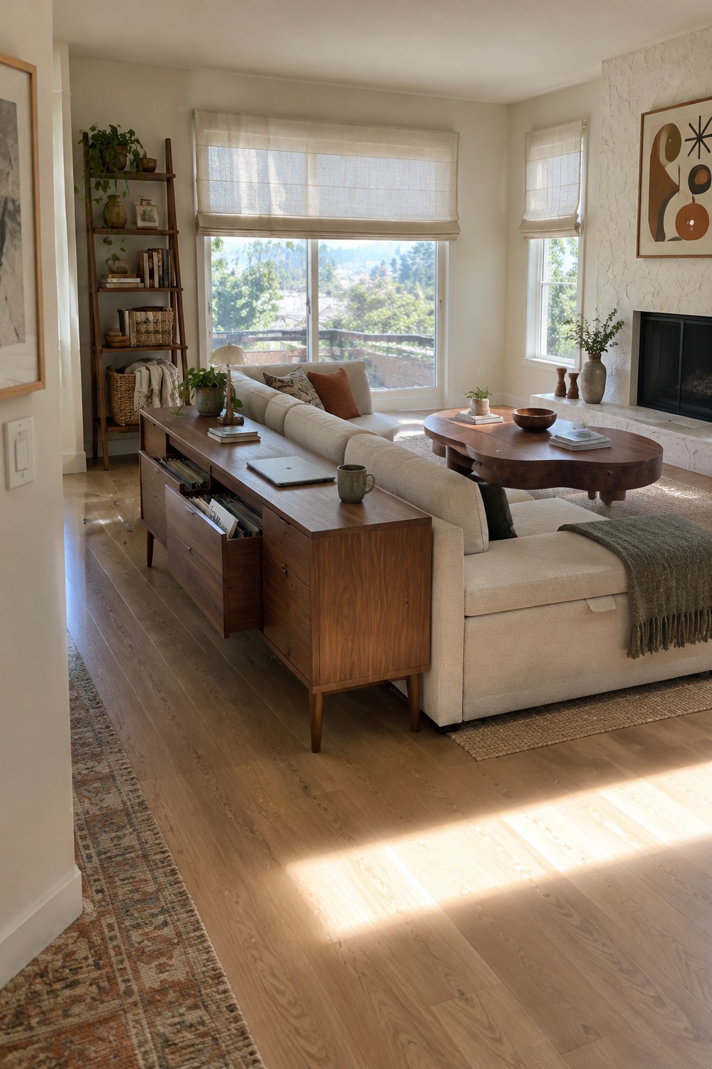 A light-colored sofa sits in front of a wooden console with drawers and open shelves holding books.