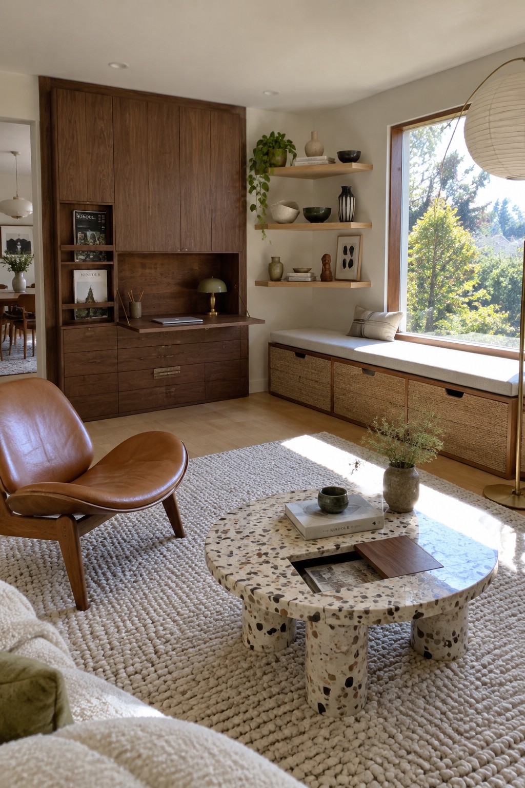 A living room with a built-in window seat above woven storage baskets and a tall walnut cabinet with a desk nook.