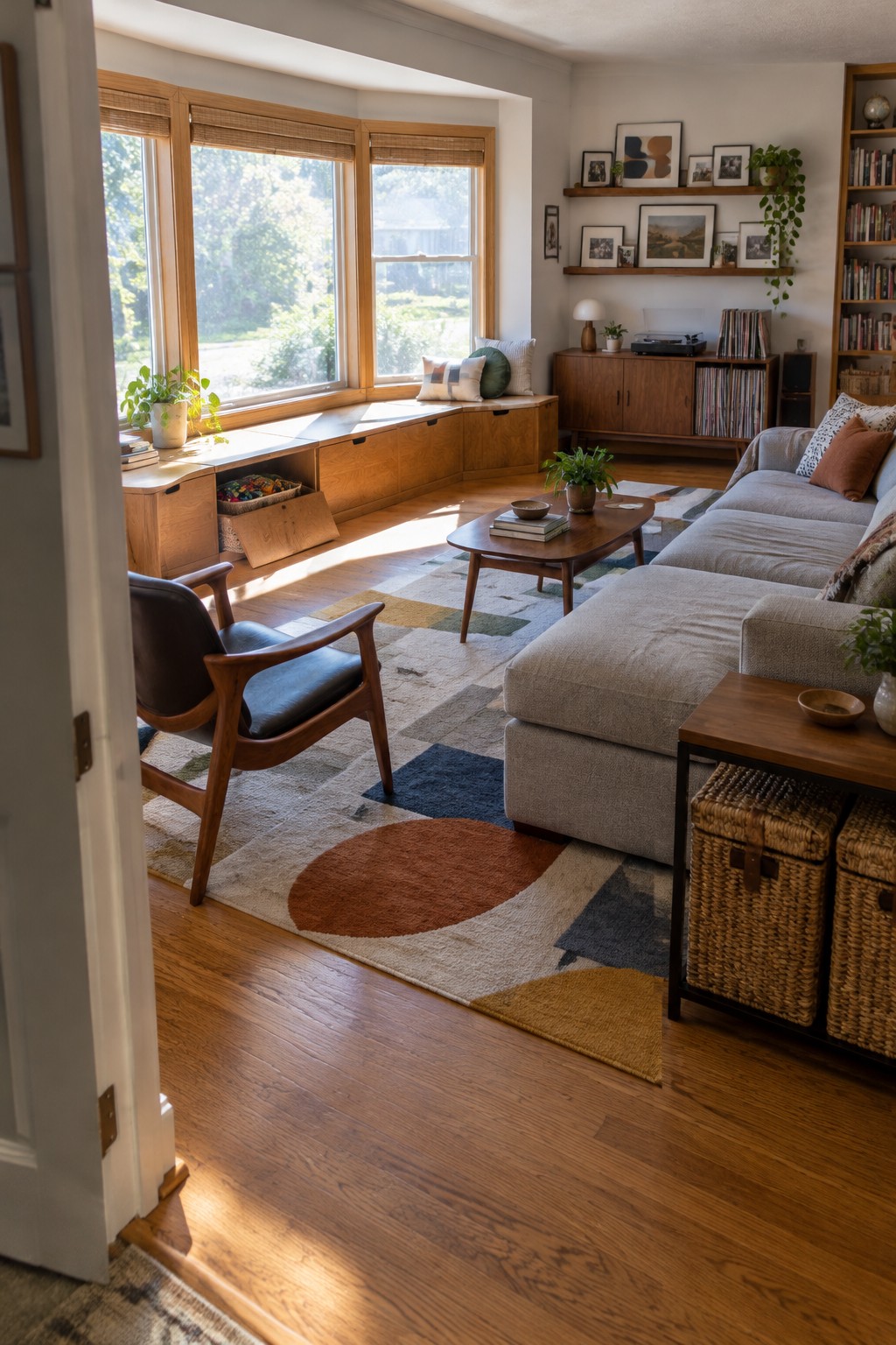 A wood window seat with cabinet storage sits beneath three large windows in a living room.
