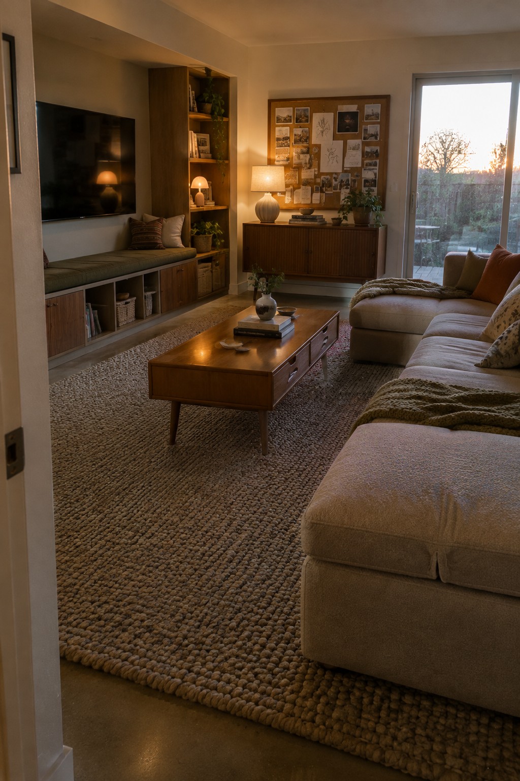 A living room media wall has a mounted television, built-in wooden shelves and cabinets, and a cushioned bench with storage below.