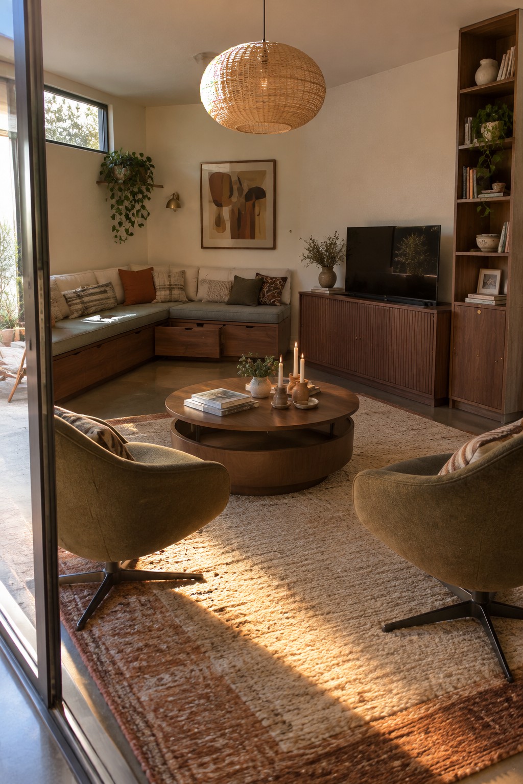 A living room with a built-in corner bench featuring drawers beneath the cushions.
