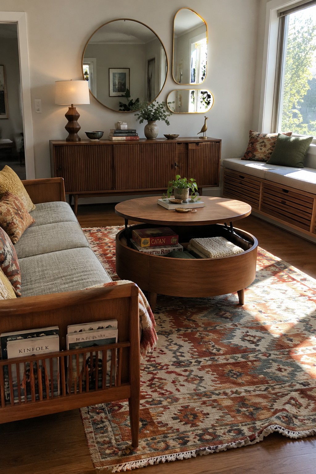 A round wooden coffee table with its top raised above a storage compartment holding board games and a folded blanket.