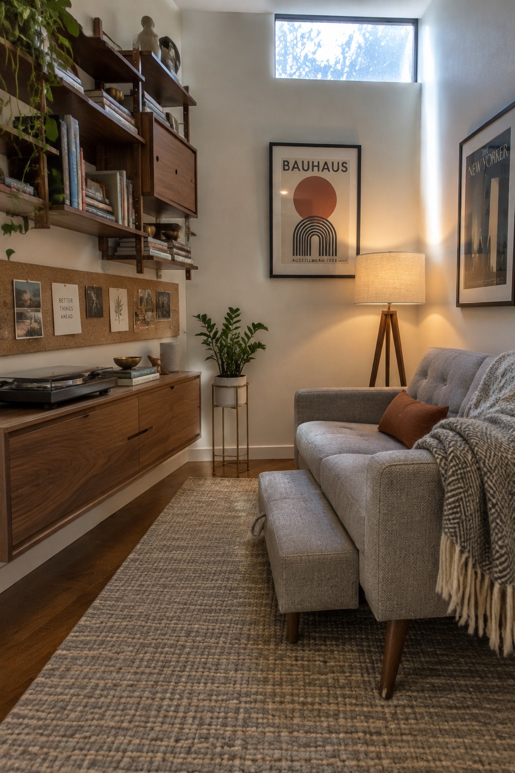 A living room with dark wood wall shelves and a cabinet above a matching media console.